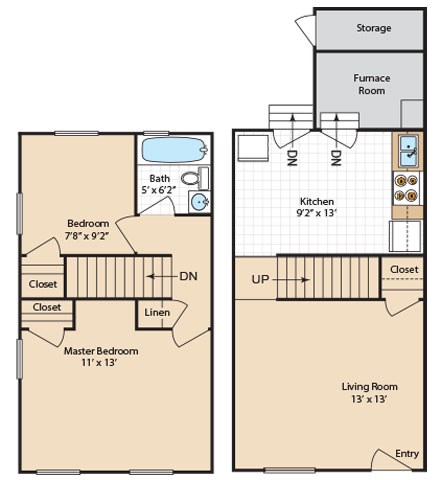 Floor plan for 2 beds, 1 bath, 789 sqft